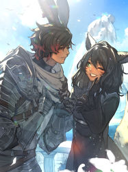 Rule 34 | 1boy, 1girl, absurdres, animal ears, armor, warrior of light (ff14), bishounen, black hair, breastplate, cape, cat ears, closed mouth, commentary request, day, dress, earrings, facial mark, final fantasy, final fantasy xiv, flower, freckles, gauntlets, gloves, green eyes, grin, hair between eyes, hand on own cheek, hand on own chest, hand on own face, hands up, height difference, hide (hideout), highres, holding, holding hands, jewelry, leaning forward, lips, long hair, long sleeves, looking at another, miqo&#039;te, multicolored hair, one eye closed, outdoors, rabbit ears, red hair, slit pupils, smile, sunlight, tan, two-tone hair, upper body, viera, whisker markings, white flower