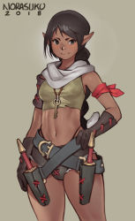 Rule 34 | 1girl, armband, blush, braid, brown eyes, brown gloves, brown hair, closed mouth, commentary, cowboy shot, dark-skinned female, dark skin, detached sleeves, elf, english commentary, gloves, grey background, hand on own hip, highres, jewelry, key, key necklace, long hair, looking at viewer, micro shorts, navel, necklace, norasuko, original, pointy ears, scabbard, scarf, sheath, short shorts, shorts, simple background, single braid, single detached sleeve, smile, solo, standing, white scarf