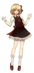 Rule 34 | 1girl, bad id, bad pixiv id, blonde hair, full body, hair ribbon, kneehighs, loafers, long legs, long sleeves, looking at viewer, necktie, open mouth, puffy sleeves, red eyes, red necktie, ribbon, rumia, sash, shirt, shoes, short hair, simple background, skirt, skirt set, smile, socks, solo, standing, torang3478, touhou, vest, w arms, white background, white socks