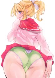 Rule 34 | 1girl, absurdres, ass, blonde hair, blue eyes, blush, from behind, green panties, highres, long hair, looking back, open mouth, panties, pointy nose, simple background, skirt, smile, solo, thighs, to heart, to heart (series), underwear, white background, wochi