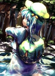 Rule 34 | 1girl, :/, backpack, bag, blue eyes, blue hair, blue shirt, blue skirt, commentary, flat cap, forest, from behind, green bag, green hat, hair bobbles, hair ornament, hat, in water, isu (is88), kawashiro nitori, lake, long sleeves, medium hair, nature, shirt, sideways glance, skirt, skirt set, solo, touhou, two side up