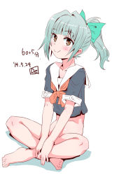 Rule 34 | 10s, 1girl, barefoot, blush, bottomless, brown eyes, dated, de (deys), artistic error, full body, green hair, indian style, kantai collection, looking at viewer, personification, ponytail, school uniform, serafuku, short hair, simple background, sitting, smile, solo, white background, yuubari (kancolle)