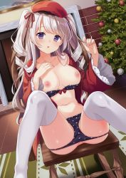 Rule 34 | 1girl, absurdres, blush, bra, bra pull, breasts, breasts out, brick wall, carpet, chair, character request, christmas, christmas ornaments, christmas tree, clothes pull, collarbone, drawing (object), fireplace, grey hair, hair ribbon, hand on own chest, hat, highres, holding, holding hair, kurasawa moko, large breasts, long hair, long sleeves, looking at viewer, melonbooks, midriff, navel, nipples, no bra, open clothes, open mouth, open shirt, original, painting (object), panties, panty pull, pine tree, playing with own hair, polka dot, polka dot panties, purple eyes, red hat, red ribbon, ribbon, santa costume, scan, shirt, sitting, solo, spread legs, thighhighs, thighs, tile floor, tiles, tree, twintails, underwear, white thighhighs