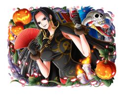 Rule 34 | 1girl, black dress, black gloves, black hair, boa hancock, candle, cup, dress, earrings, glass, gloves, halloween, hand fan, holding, holding cup, holding fan, jack-o&#039;-lantern, jewelry, long hair, looking at viewer, official art, one piece, one piece treasure cruise, salome (one piece), snake