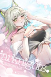 Rule 34 | 1girl, animal ears, arknights, bandeau, bare shoulders, black choker, breasts, cat ears, choker, cleavage, commentary request, copyright name, green eyes, green hair, green skirt, hairtail, highres, kal&#039;tsit (arknights), looking at viewer, material growth, medium breasts, midriff, navel, official alternate costume, one eye closed, oripathy lesion (arknights), short hair, skirt, solo, stomach, strapless, tube top, upper body
