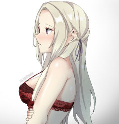 Rule 34 | 1340smile, 1girl, absurdres, bra, breasts, commentary, edelgard von hresvelg, english commentary, fire emblem, fire emblem: three houses, hair tie, hand on own arm, highres, long hair, looking to the side, medium breasts, nintendo, purple eyes, red bra, standing, underwear, upper body, watermark, white background, white hair