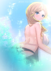 Rule 34 | 1girl, artist name, ass, azur lane, blonde hair, blue eyes, breasts, casual one-piece swimsuit, dated, day, from behind, hair over shoulder, highres, hood (azur lane), hood (lady of the shining sun) (azur lane), large breasts, long hair, looking at viewer, looking back, multicolored clothes, multicolored swimsuit, one-piece swimsuit, outdoors, solo, swimsuit, yu skl