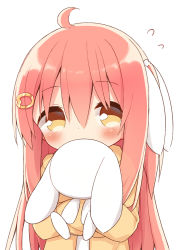 Rule 34 | 1girl, ahoge, ayanepuna, blush, brown cardigan, brown eyes, cardigan, covered mouth, flying sweatdrops, hair between eyes, hair ornament, hair ribbon, hairclip, highres, ii (ayanepuna), long hair, long sleeves, hugging object, one side up, open cardigan, open clothes, original, pink hair, ribbon, shirt, simple background, sleeves past fingers, sleeves past wrists, solo, stuffed animal, stuffed rabbit, stuffed toy, upper body, very long hair, white background, white ribbon, white shirt