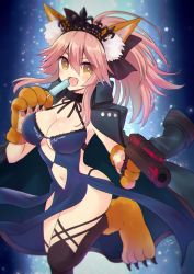 Rule 34 | 1girl, animal ear fluff, animal ears, animal feet, animal hands, artist name, artoria pendragon (alter swimsuit rider) (fate), artoria pendragon (alter swimsuit rider) (third ascension) (fate), artoria pendragon (fate), black bow, black coat, black headwear, black ribbon, black thighhighs, blue background, blue dress, blurry, blurry foreground, bow, breasts, cat paws, choker, claws, cleavage, coat, commentary request, dress, eating, eyes visible through hair, fangs, fate/grand order, fate (series), food, foot out of frame, fox ears, fox girl, gun, hair between eyes, hair bow, handgun, headdress, holding, holding food, holding gun, holding weapon, large breasts, leaning forward, light blush, light particles, light rays, long hair, looking at viewer, melting, navel, no tail, open mouth, overcoat, pink hair, pointing weapon, ponytail, popsicle, revealing clothes, ribbon, sato ame, sidelocks, signature, smile, solo, standing, standing on one leg, tamamo (fate), tamamo cat (fate), thighhighs, tongue, trench coat, weapon, yellow eyes