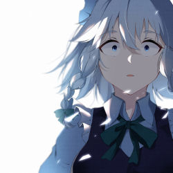 Rule 34 | 1girl, absurdres, backlighting, blue dress, blue eyes, braid, breasts, collared shirt, commentary request, dress, green ribbon, hair between eyes, hair ribbon, highres, huge filesize, izayoi sakuya, looking at viewer, maid, maid headdress, medium breasts, neck ribbon, noise, open mouth, portrait, ribbon, sanpaku, shaded face, shirt, short hair, silver hair, simple background, solo, sumomooekaki, touhou, tress ribbon, twin braids, upper body, white background, white shirt, wide-eyed