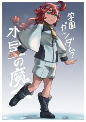 Rule 34 | 1girl, absurdres, ahoge, blush, boots, breasts, commentary, full body, green eyes, gundam, gundam suisei no majo, hairband, highres, k katora, long hair, low-tied long hair, low ponytail, necktie, red hair, shorts, small breasts, solo, standing, standing on one leg, suletta mercury, translation request
