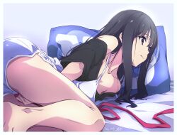Rule 34 | 1girl, bare shoulders, barefoot, black hair, black shirt, casual, closed mouth, collarbone, commentary request, dated, highres, inoue takina, legs, long hair, lycoris recoil, lying, nii manabu, on side, pillow, purple eyes, shirt, shorts, signature, solo, thighs, white shorts