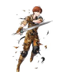 Rule 34 | 1boy, boots, brown eyes, brown hair, fingerless gloves, fire emblem, fire emblem echoes: shadows of valentia, fire emblem heroes, full body, gloves, highres, injury, male focus, nintendo, official art, solo, sword, teeth, tobin (fire emblem), torn clothes, transparent background, weapon