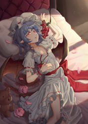Rule 34 | 1girl, absurdres, aoaoaoao (baiyanheibing), arm up, bat wings, bed, blue hair, chinese commentary, commentary request, dress, feet out of frame, flower, hat, hat ribbon, highres, huge filesize, indoors, looking at viewer, lying, mob cap, nail polish, on back, parted lips, petals, pillow, pink flower, pink rose, pointy ears, puffy short sleeves, puffy sleeves, red eyes, red nails, red ribbon, red sash, remilia scarlet, ribbon, rose, rose petals, sash, shadow, short hair, short sleeves, solo, stuffed animal, stuffed toy, teddy bear, touhou, white dress, white hat, wings, wrist cuffs