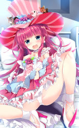 Rule 34 | 1girl, :o, bad id, bad pixiv id, bare shoulders, blue eyes, blush, breasts, clothes pull, dress, dress pull, elizabeth bathory (fate), elizabeth bathory (fate/extra ccc), elizabeth bathory (third ascension) (fate), embarrassed, fate/grand order, fate (series), flower, frilled dress, frills, hat, hat flower, long hair, looking at viewer, lying, maruchan., nipples, on back, on bed, panties, partially visible vulva, pink dress, pink flower, pink hair, pink hat, pink rose, rose, small breasts, solo, strap slip, striped clothes, striped dress, striped headwear, stuffed animal, stuffed toy, tail, underwear, vertical-striped clothes, vertical-striped dress, vertical-striped headwear, white panties