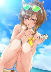 Rule 34 | 1girl, absurdres, animal ears, bare shoulders, beach, bikini, bikini under clothes, blue sky, blush, breasts, brown hair, cellphone, cleavage, cloud, cloudy sky, commentary request, denim, earrings, eyewear on head, hair between eyes, hair ornament, head rest, highres, holding, holding phone, horse ears, horse girl, horse tail, jewelry, jungle pocket (tobasuze hot summer!) (umamusume), jungle pocket (umamusume), necklace, notched ear, ocean, open mouth, outdoors, phone, ponytail, ryochapu, sand, single earring, sky, small breasts, smartphone, solo, squatting, sunglasses, swimsuit, tail, umamusume, water, x hair ornament, yellow bikini, yellow eyes