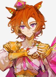 Rule 34 | 1girl, animal ears, armor, cape, closed mouth, commentary, crown, ear ornament, gauntlets, gold, hair between eyes, highres, hikawayunn, horse ears, horse girl, jewelry, looking at viewer, multiple rings, nail polish, orange hair, pink cape, puffy sleeves, ring, shirt, short hair, shoulder armor, simple background, smile, solo, t.m. opera o (umamusume), tilted headwear, umamusume, upper body, white background, white shirt, yellow nails