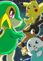 Rule 34 | blue eyes, brown eyes, closed mouth, creatures (company), fang, freckles, game freak, gen 1 pokemon, gen 5 pokemon, nintendo, no humans, open mouth, oshawott, pikachu, pink eyes, pokemon, pokemon (creature), smile, snivy, tepig, tokemaru