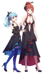 Rule 34 | 2girls, :d, asymmetrical gloves, bare arms, black bow, black choker, black dress, black footwear, black gloves, blue hair, blue thighhighs, blunt bangs, bow, breasts, brown hair, choker, cleavage, closed mouth, collarbone, dress, elbow gloves, evening gown, flat chest, frown, full body, gem, gloves, hair bow, hair ornament, hairpin, hand on own hip, high heels, high ponytail, highres, hoshikawa lily, jewelry, layered dress, long dress, long hair, looking at viewer, medium breasts, multiple girls, navel, open mouth, pendant, pumps, purple gemstone, red eyes, ren fuzi, revealing clothes, simple background, single glove, sleeveless, sleeveless dress, smile, standing, thighhighs, white background, yellow eyes, yuugiri (zombie land saga), zombie land saga