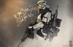 Rule 34 | 1boy, ammunition pouch, artist name, backpack, bag, black gloves, cable, commentary, embers, english commentary, english text, galactic empire, gloves, graffiti, gun, head tilt, helmet, highres, holding, holding gun, holding weapon, pouch, shanemolina, solo, star wars, stormtrooper, weapon, weapon on back, weapon request