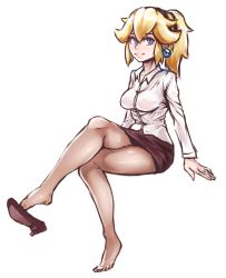 Rule 34 | 1girl, alternate hairstyle, arm support, black skirt, blonde hair, blue eyes, breasts, collared shirt, crossed legs, dress shirt, earrings, eyelashes, formal, full body, hair between eyes, high heels, highres, jewelry, legs, lips, long sleeves, looking at viewer, mario (series), medium breasts, medium hair, nintendo, no shoes, office lady, osakasa, pantyhose, parted lips, pencil skirt, pink lips, ponytail, princess peach, removing shoes, shirt, shoe dangle, shoes, simple background, single shoe, sitting, skirt, solo, teeth, tiptoes, white background, white shirt