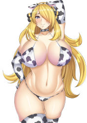 Rule 34 | 1girl, absurdres, animal print, bikini, blonde hair, breasts, cow print, creatures (company), cynthia (pokemon), game freak, grey eyes, highres, huge breasts, large breasts, long hair, looking at viewer, nintendo, parapetto, pokemon, pokemon dppt, smile, solo, swimsuit, thighhighs