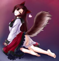 Rule 34 | 1girl, animal ears, ass, barefoot, black bow, bloomers, blush, bow, breasts, brooch, brown hair, butt crack, dress, feet, fingernails, fluffy, frills, full body, heart, highres, imaizumi kagerou, jewelry, long fingernails, long hair, looking at viewer, nail polish, naughty face, open mouth, red eyes, red nails, red skirt, riria (liry a flower), skirt, soles, spoken heart, tail, toes, touhou, underwear, very long hair, white dress, wolf ears, wolf tail