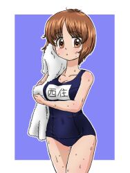 Rule 34 | 1girl, blue background, blue one-piece swimsuit, brown eyes, brown hair, character name, cowboy shot, drying, girls und panzer, holding, holding towel, looking at viewer, name tag, nishizumi miho, old school swimsuit, one-piece swimsuit, outline, parted lips, school swimsuit, short hair, solo, standing, swimsuit, takahashi kurage, thigh gap, towel, translated, wet, white outline