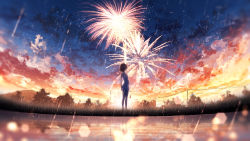 Rule 34 | 1girl, absurdres, black hair, blurry, blurry foreground, camisole, cloud, commentary request, facing away, fireworks, furi0831, grass, highres, holding, lens flare, orange sky, original, power lines, reflection, reflective water, scenery, short hair, sky, solo, standing, star (sky), starry sky, sunset, tree, wide shot