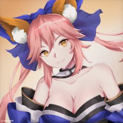 Rule 34 | 1girl, animal ear fluff, animal ears, artist name, bare shoulders, blue bow, blue kimono, bow, breasts, brown background, cleavage, closed mouth, collarbone, commentary, detached collar, detached sleeves, english commentary, eyelashes, fate/extra, fate (series), fox ears, fox girl, fox tail, hair between eyes, hair bow, highres, iophi, japanese clothes, kimono, large breasts, lips, long hair, looking at viewer, pink hair, sidelocks, smile, solo, split ponytail, tail, tamamo (fate), tamamo no mae (fate/extra), upper body, yellow eyes