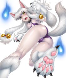Rule 34 | 00s, 1girl, animal ears, animal hands, ass, back, bare shoulders, breasts, claws, collar, fangs, female focus, furry, furry female, green eyes, highres, inugami nui, legs, lilith-soft, long hair, looking at viewer, looking back, monster girl, nipples, partially visible vulva, small breasts, sweat, tail, taimanin (series), taimanin asagi, taimanin asagi kessen arena, very long hair, white hair, zol
