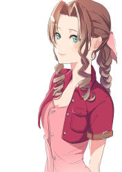 Rule 34 | 1girl, aerith gainsborough, arms behind back, bad id, bad pixiv id, blue eyes, braid, breasts, brown hair, cleavage, drill hair, final fantasy, final fantasy vii, hair ribbon, highres, long hair, looking at viewer, pink ribbon, pink shirt, ponytail, ribbon, shirt, short sleeves, simple background, small breasts, smile, solo, square enix, toto, twin drills, upper body, white background