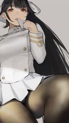 Rule 34 | 1girl, azur lane, biting, black hair, bow, breasts, brown eyes, brown pantyhose, glove biting, gloves, hair bow, hair flaps, highres, large breasts, long hair, looking at viewer, military, military uniform, miniskirt, pantyhose, pleated skirt, ponytail, skirt, takao (azur lane), thighs, uniform, very long hair, white bow, yomu (sgt epper)