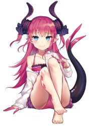 Rule 34 | 1girl, :3, absurdres, bada (jksh5056), barefoot, bikini, bikini under clothes, blue eyes, blush, closed mouth, collarbone, collared shirt, commentary request, dragon girl, dragon horns, dragon tail, dress shirt, elizabeth bathory (fate), elizabeth bathory (fate/extra ccc), fate/extra, fate/extra ccc, fate (series), feet, full body, hair between eyes, hair ribbon, highres, horns, legs, long hair, long sleeves, looking at viewer, off shoulder, official alternate costume, open clothes, open shirt, pink bikini, pointy ears, purple ribbon, red hair, ribbon, shirt, simple background, sleeves past wrists, smile, solo, swimsuit, tail, tail raised, toenails, toes, two side up, v, very long hair, white background, white shirt