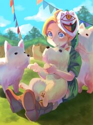 Rule 34 | 1boy, absurdres, animal, blonde hair, blue eyes, boots, brown footwear, closed mouth, dog, green headwear, green tunic, highres, holding, holding animal, holding dog, link, male focus, mask, mask of truth, mask on head, nasagina, nintendo, outdoors, scottish terrier, short sleeves, sitting, solo, string of flags, the legend of zelda, the legend of zelda: majora&#039;s mask, white dog, young link