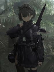 Rule 34 | 1girl, adjusting clothes, animal ears, assault rifle, bag, belt pouch, brown eyes, brown hair, earbuds, earphones, earrings, fake animal ears, gun, gun on back, highres, id card, jacket, jewelry, jungle, looking at viewer, nature, original, paindude, pouch, rifle, ring, short hair, shoulder bag, solo, thighhighs, weapon, weapon on back