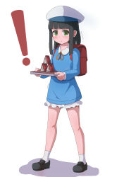 Rule 34 | !, 1girl, absurdres, backpack, bag, beret, black footwear, black hair, blue dress, blush, book, card, collared dress, dress, full body, green eyes, hat, highres, holding, holding book, house of cards, long sleeves, looking at viewer, original, playing card, randoseru, school uniform, shoes, socks, solo, standing, surio, tears, white background, white hat, white socks