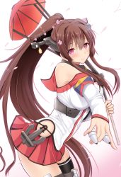 Rule 34 | 10s, 1girl, anchor, arched back, bare shoulders, black thighhighs, breasts, brown hair, bullet, cherry blossoms, detached sleeves, flower, hair flower, hair ornament, headgear, holding, kantai collection, large breasts, leaning forward, long hair, looking at viewer, miniskirt, oil-paper umbrella, pink eyes, pointy hair, ponytail, single thighhigh, skirt, smile, solo, takeyuu, thigh strap, thighhighs, umbrella, very long hair, yamato (kancolle)