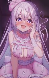 Rule 34 | 1girl, artist request, bandaged arm, bandages, bare shoulders, blush, braid, breasts, choker, cleavage, crop top, fang, frilled choker, frilled skirt, frills, hair ribbon, hand up, hat, heart, heart-shaped pupils, highres, indie virtual youtuber, large breasts, long hair, looking at viewer, midriff, naito mare (vtuber), naughty face, navel, nose blush, open mouth, pink hat, pink skirt, purple eyes, ribbon, second-party source, skin fang, skirt, sleeveless, smile, solo, sweat, symbol-shaped pupils, very long hair, virtual youtuber, white hair