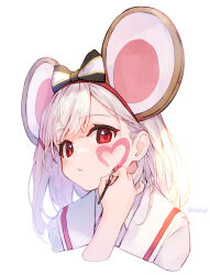 Rule 34 | 1girl, animal ears, black bow, bow, commentary, concentrating, cropped shoulders, drawing on own face, granblue fantasy, hair bow, headband, heart, highres, mouse ears, paintbrush, red eyes, red headwear, sailor collar, shirt, short hair, simple background, solo, striped, striped bow, tai (e3d1p), twitter username, vikala (granblue fantasy), white background, white bow, white hair, white sailor collar, white shirt, writing on face