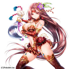 Rule 34 | 1girl, bad id, bad tumblr id, blush, bracelet, breasts, bridal gauntlets, character request, cleavage, clothing cutout, copyright request, earrings, female focus, flower, garter straps, gem, hair flower, hair ornament, headband, hizuki akira, jewelry, large breasts, long hair, looking at viewer, navel, navel cutout, panties, pantyshot, parted lips, red eyes, red hair, red thighhighs, simple background, solo, sword, thighhighs, underwear, very long hair, weapon, white background, white panties