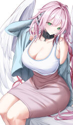 Rule 34 | about fg, absurdres, angel wings, arm behind back, bare shoulders, blue jacket, breasts, broken, broken chain, chain, chain leash, cleavage, collar, collarbone, feathered wings, green eyes, hair ribbon, hand up, highres, ikaros, jacket, large breasts, leash, long hair, metal collar, off shoulder, parted lips, pencil skirt, pink hair, pink skirt, red ribbon, ribbon, robot ears, shirt, sitting, skirt, sora no otoshimono, t-shirt, twintails, very long hair, white shirt, white wings, wings