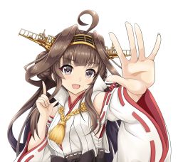 Rule 34 | 1girl, :d, ahoge, bare shoulders, brown hair, commentary request, double bun, hair bun, headgear, highres, index finger raised, japanese clothes, kantai collection, kongou (kancolle), kongou kai ni (kancolle), long hair, looking at viewer, nontraditional miko, open mouth, purple eyes, simple background, smile, solo, tk8d32, upper body, white background