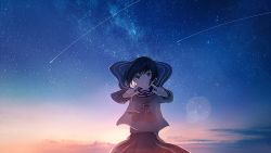 Rule 34 | 1girl, bob cut, commentary request, highres, long sleeves, looking at viewer, messy hair, mifuru, neckerchief, outdoors, outstretched arms, pointing, pointing at viewer, sailor collar, sailor collar lift, school uniform, serafuku, shooting star, short hair, skirt, sky, smile, solo, star (sky), starry sky, wind