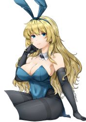 Rule 34 | 1girl, animal ears, atago (kancolle), black gloves, blonde hair, blue leotard, bow, bowtie, breasts, covered navel, detached collar, elbow gloves, fake animal ears, gloves, green eyes, highres, kantai collection, kazaharu matsuhata, large breasts, leotard, long hair, pantyhose, playboy bunny, rabbit ears, simple background, sitting, solo, strapless, strapless leotard, traditional bowtie, white background