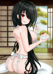 Rule 34 | 1girl, apron, areola slip, ass, black hair, bowl, breasts, date a live, food, garter straps, hair over one eye, heterochromia, highres, ice cream, large breasts, long hair, looking at viewer, looking back, naked apron, on floor, red eyes, sideboob, sitting, solo, solveus 666, spoon, thighhighs, tokisaki kurumi, tongue, tongue out, twintails, very long hair, wariza, wide hips, yellow eyes