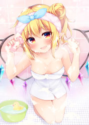 Rule 34 | 1girl, :d, absurdres, bar soap, bare arms, bare shoulders, blonde hair, blue ribbon, blush, breasts, bucket, cleavage, commentary request, crystal, fang, flandre scarlet, hair between eyes, hair bun, hair ribbon, hands up, head tilt, highres, holding, kneeling, looking at viewer, miy@, naked towel, no headwear, one side up, open mouth, pointy ears, red eyes, ribbon, rubber duck, short hair, shower (place), sidelocks, single hair bun, small breasts, smile, soap, soap bubbles, solo, thighs, touhou, towel, towel on head, water, wings