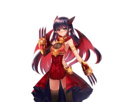 Rule 34 | 1girl, armlet, black gloves, black hair, black thighhighs, blue eyes, blush, claw (weapon), clothing cutout, demon wings, dragon providence, dress, earrings, elbow gloves, gargoyle (dragon providence), gloves, hair ornament, jewelry, long hair, looking at viewer, pointy ears, red dress, side cutout, single glove, solo, standing, thighhighs, transparent background, weapon, wings
