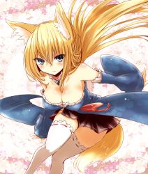 Rule 34 | 1girl, animal ear fluff, animal ears, aoi (naomi), bad id, bad pixiv id, bare shoulders, blonde hair, blue eyes, blush, breasts, cherry blossoms, cleavage, detached collar, detached sleeves, floral background, fox ears, fox tail, hutaba aoi, large breasts, leaning forward, long hair, looking at viewer, nanashin naomi, original, skirt, solo, tail, thighhighs, white thighhighs, zettai ryouiki