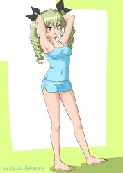 Rule 34 | 1girl, absurdres, alternate costume, anchovy (girls und panzer), armpits, arms behind back, barefoot, black ribbon, blue shorts, breasts, brown eyes, cleavage, dated, drill hair, drops mint, full body, girls und panzer, green hair, hair ribbon, highres, long hair, medium breasts, red eyes, ribbon, shorts, solo, tank top, twin drills, twintails, twitter username